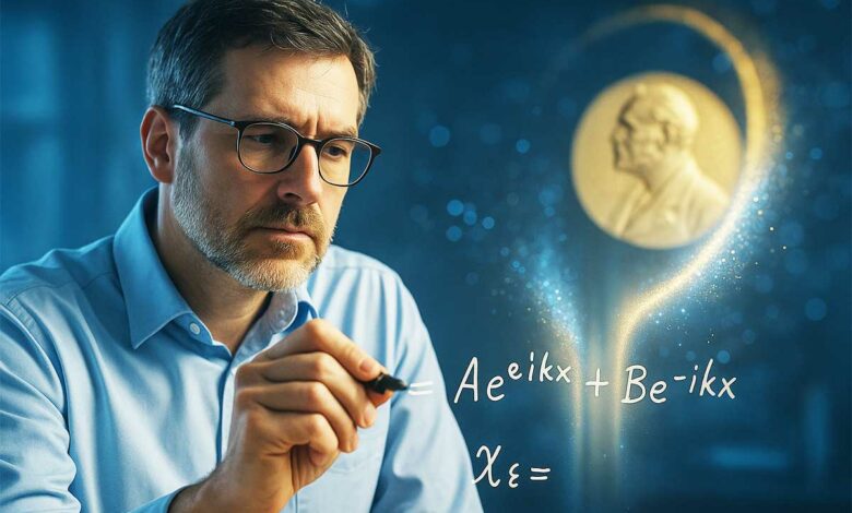 Un homme écrit une formule physique avec le Nobel en fond.
