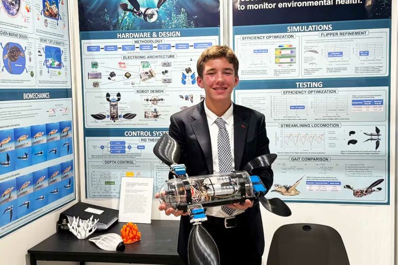 Evan Budz et son robot tortue.