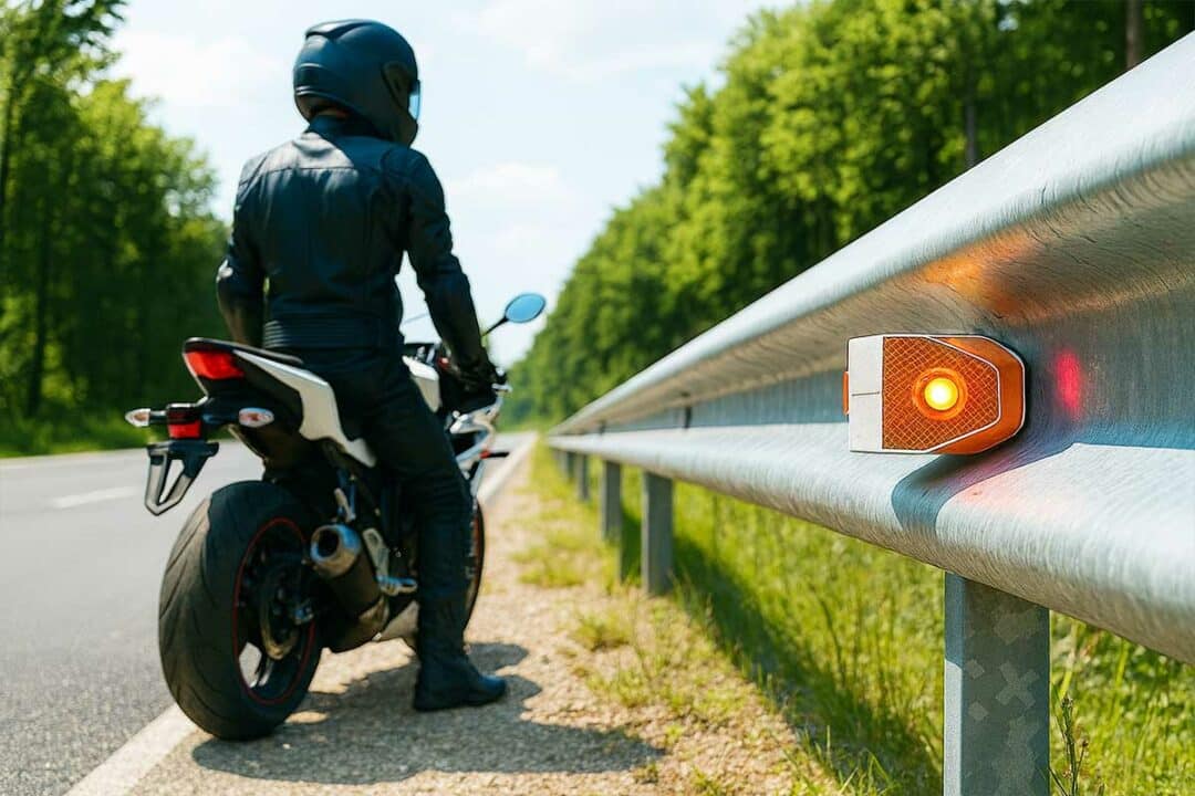 Un motard proche d'une glissière de sécurité.