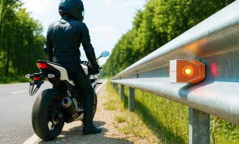 Un motard proche d'une glissière de sécurité.