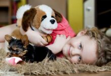 Un enfant et un chien sur un tapis chauffant.