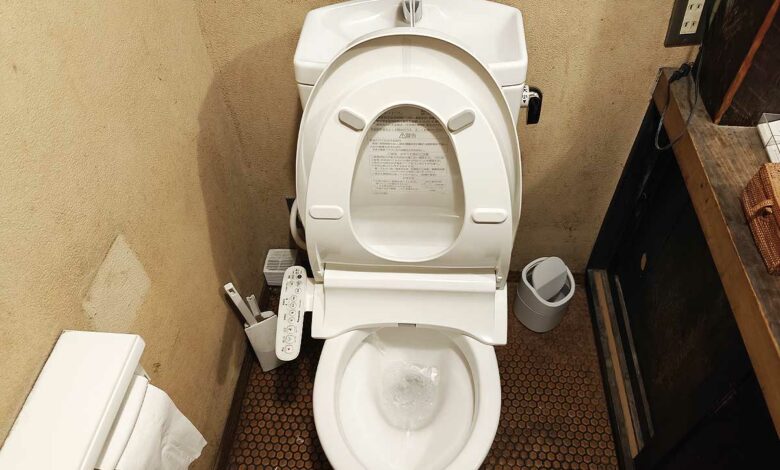 Un WC japonais avec un robinet intégré pour se laver les mains et réutiliser les eaux grises dans la chasse.
