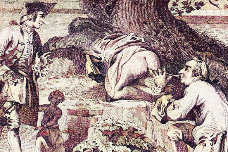 Représentation ancienne de réanimation en soufflant dans le fondement.