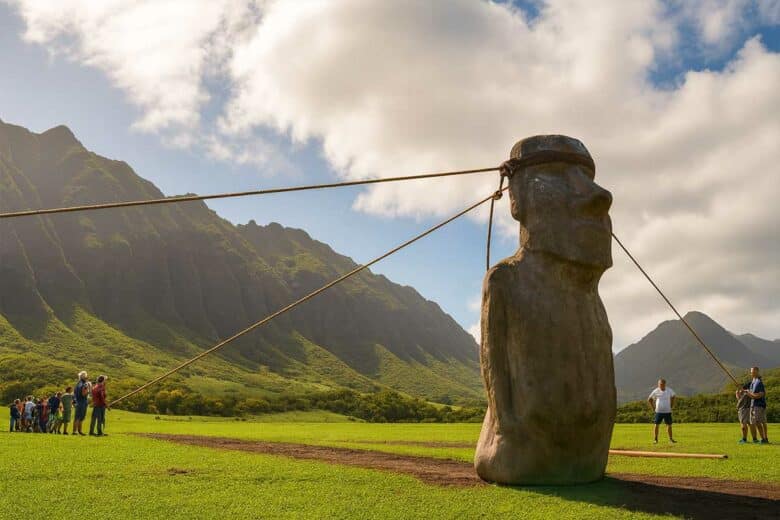 Une équipe déplace une réplique de statue Moaï.
