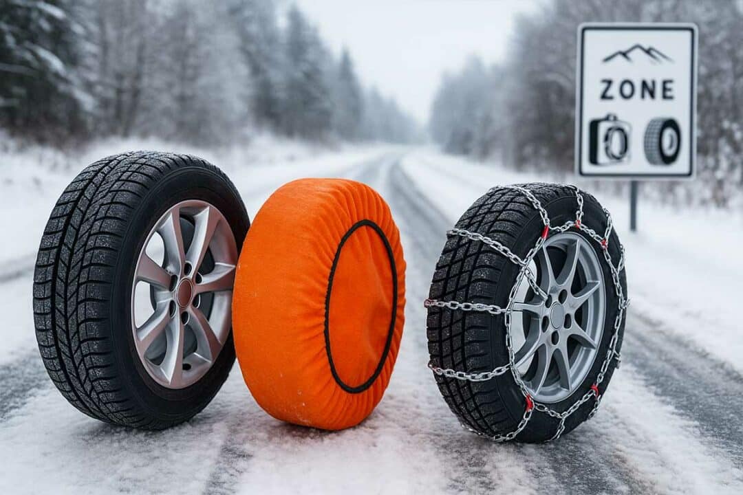 Un pneu neige, un pneu équipé de chaussette à neige, et un équipé de chaines sur une route enneigée.