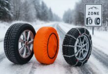 Un pneu neige, un pneu équipé de chaussette à neige, et un équipé de chaines sur une route enneigée.