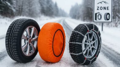 Un pneu neige, un pneu équipé de chaussette à neige, et un équipé de chaines sur une route enneigée.