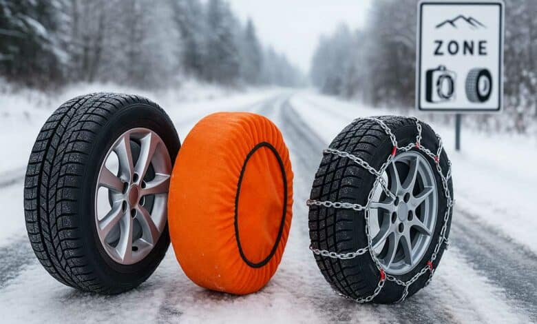 Un pneu neige, un pneu équipé de chaussette à neige, et un équipé de chaines sur une route enneigée.