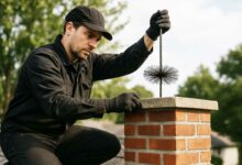 Un homme ramone un conduit de cheminée par le toit.