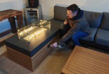 Brasero Homary gaz propane avec pare-vent en verre pour extérieur, patio, terrasse, jardin.