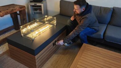 Brasero Homary gaz propane avec pare-vent en verre pour extérieur, patio, terrasse, jardin.