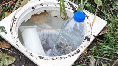 Une bouteille plastique avec des cailloux pour protéger le skimmer.