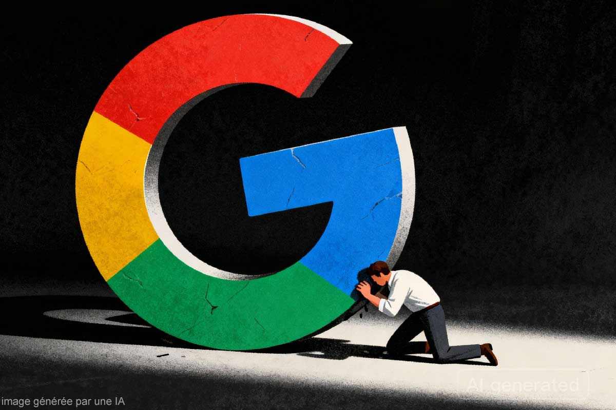 Illustration d'un petit éditeur écrasé par un logo Google Discover dominant, ambiance sombre et contrastée