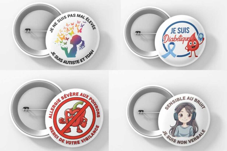Des badges avec différents types de différences ou d'allergies.