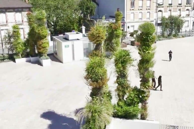 Des colonnes végétalisées sur une place en ville.