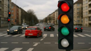 Une intersection dotée d'un feu à 4 couleurs.