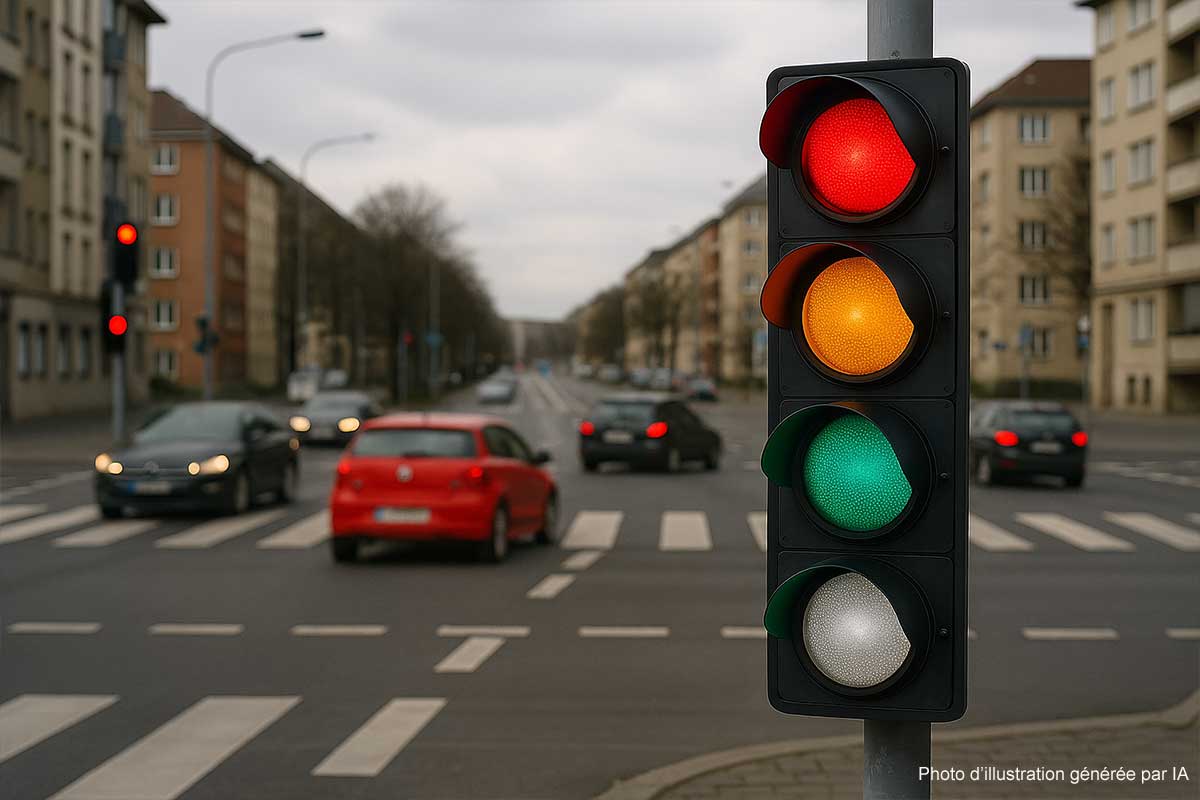 Une intersection dotée d'un feu à 4 couleurs.