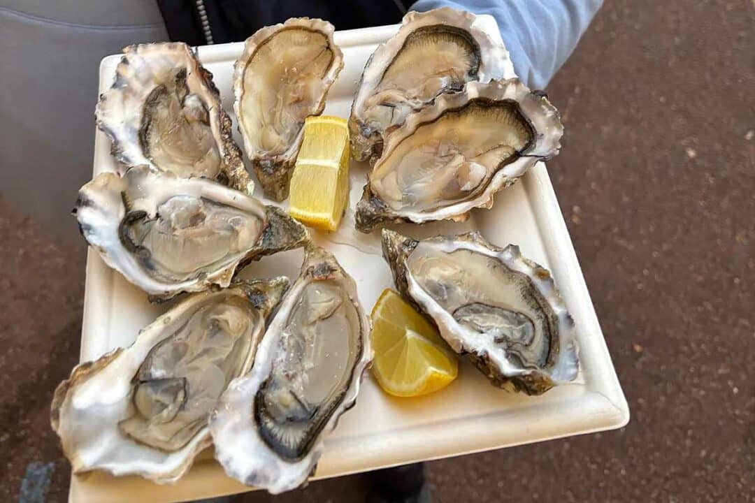 Une assiette d'huîtres.