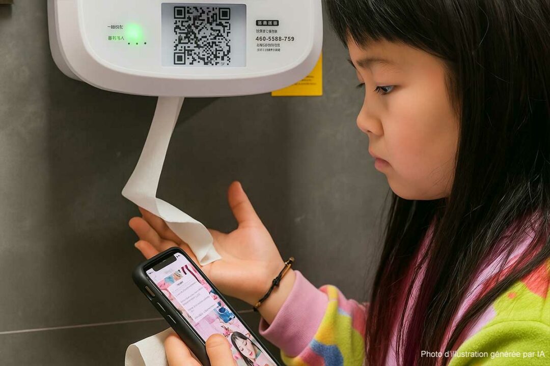 Une fillette obtient du papier toilette en regardant une publicité.