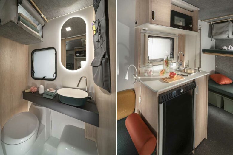 Une cuisine et salle de bain dans la caravane.