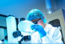 Une chercheuse sur un microscope.