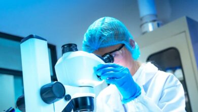 Une chercheuse sur un microscope.