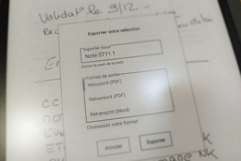 La fonction d’export automatique transforme les notes manuscrites en PDF ou Word sur la PaperSlate Pro.