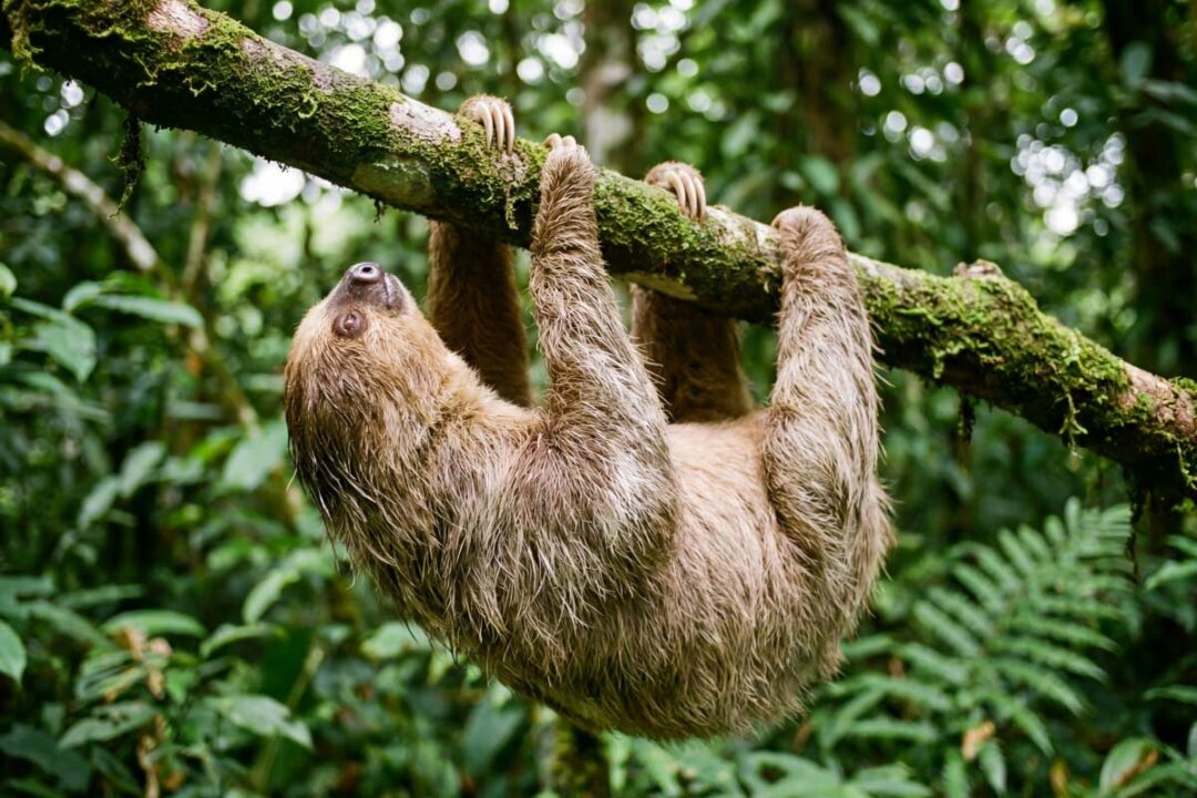 Un paresseux accroché à une branche.