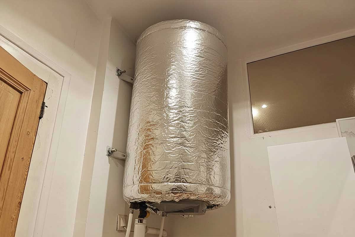 Un ballon d'eau chaude recouvert d'isolant.