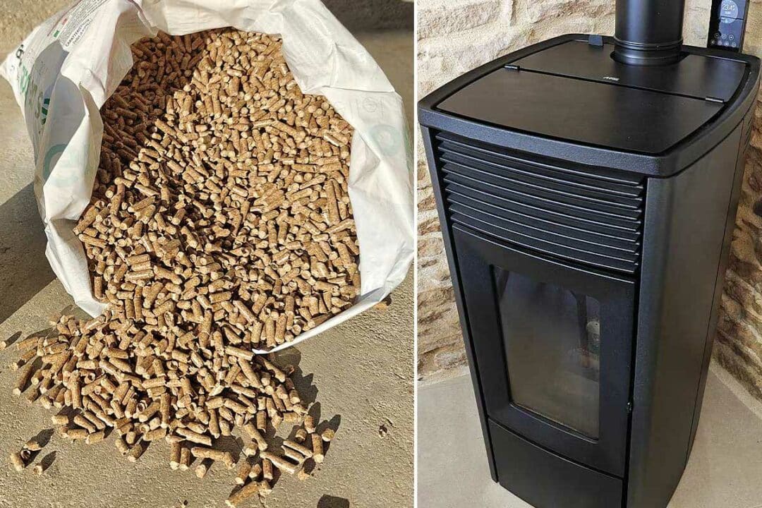 Un sac de pellets ouvert et un poêle à granulés.