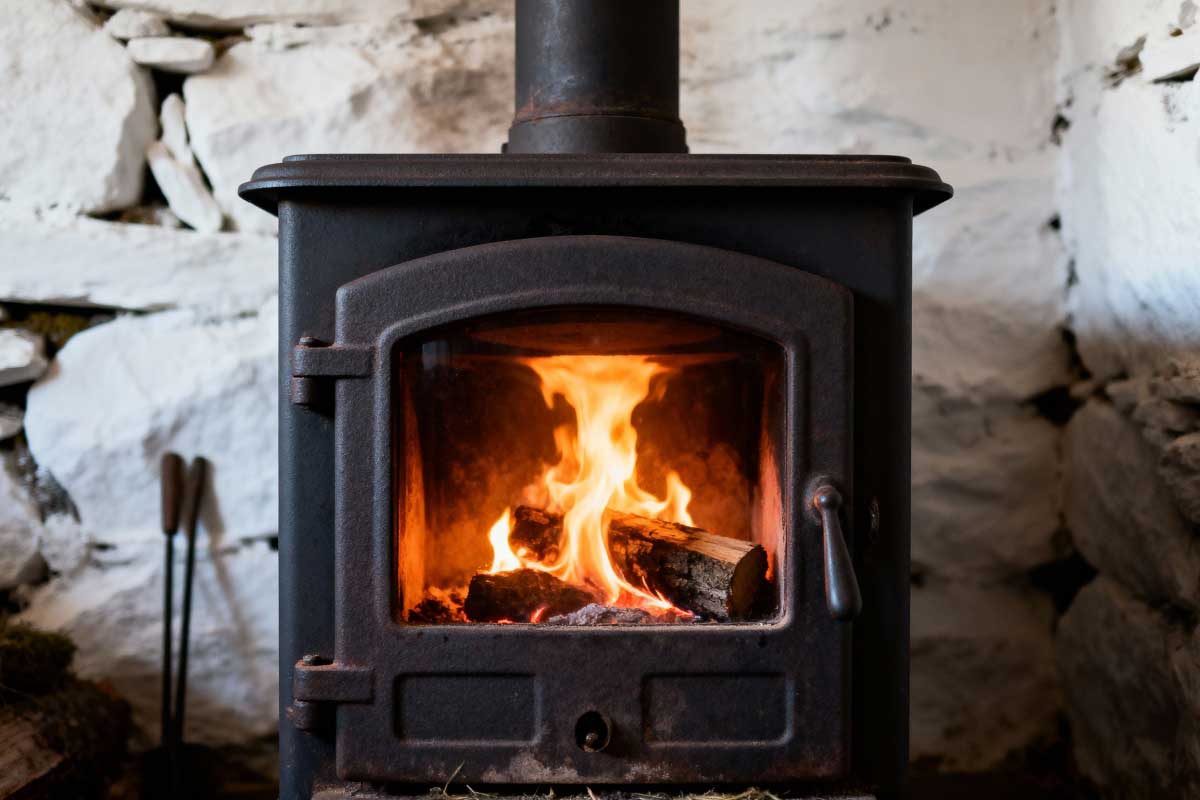 Un poêle à bois chauffe le logement.