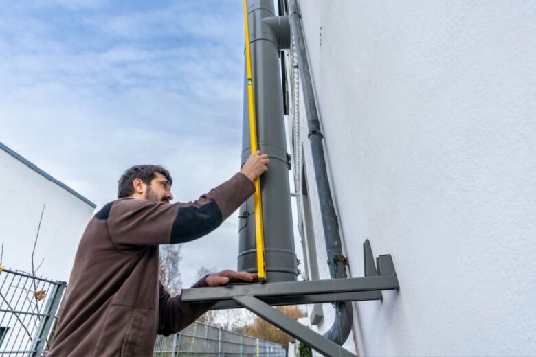 Un homme installe un tubage extérieur.