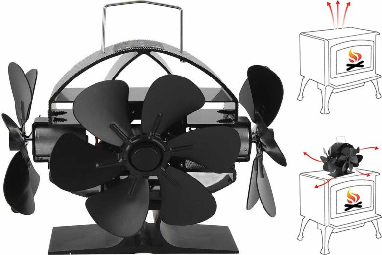 Un ventilateur de poêle à 3 têtes et 18 pales.