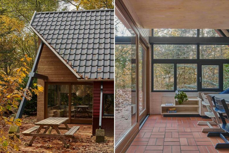 Un toit en A avec une découpe et l'intérieur de la maison.