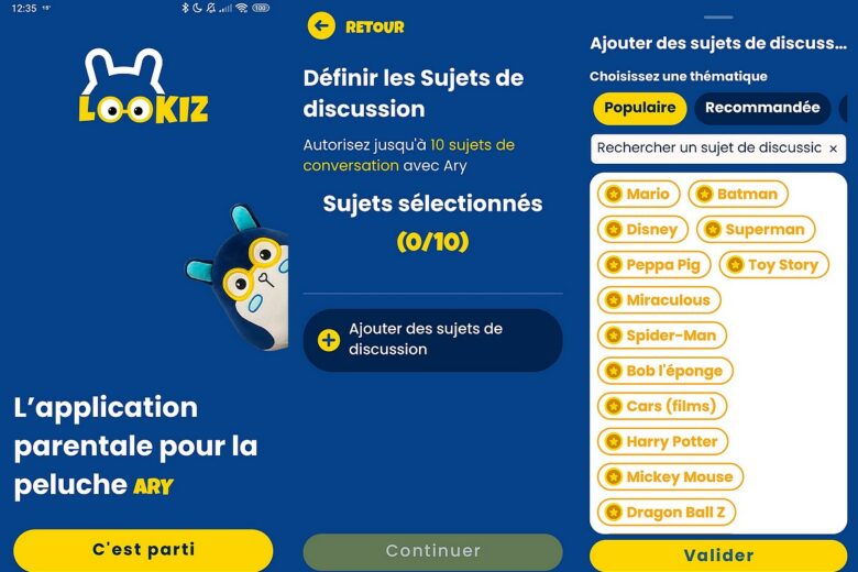 L’application parentale Lookiz permettant d’activer les fonctions IA de la peluche intelligente ARY et de choisir les sujets de discussion.